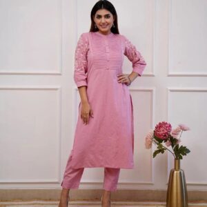 Cotton Co-Ord: Pink Cotton with Embroidery Detailing