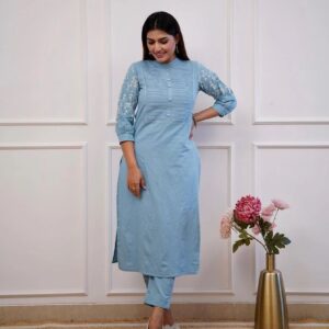 Cotton Co-Ord: Sky Blue Cotton with Embroidery Detailing