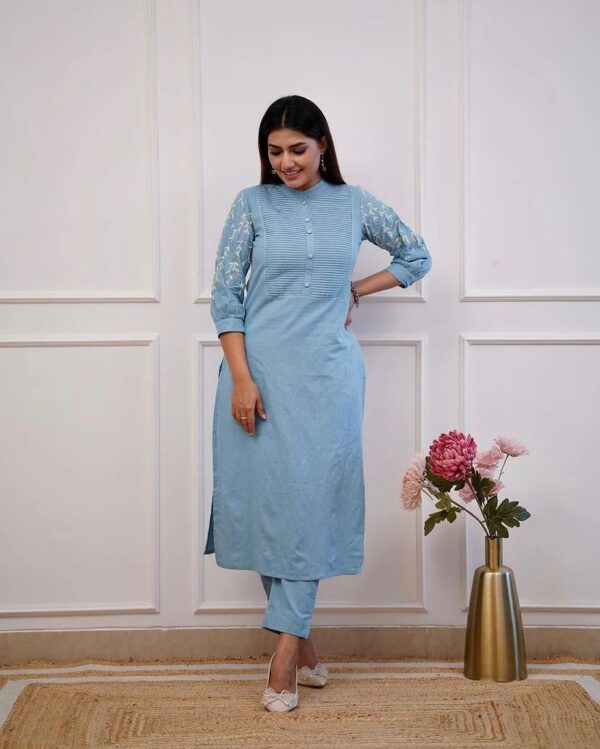 Cotton Co-Ord: Sky Blue Cotton with Embroidery Detailing